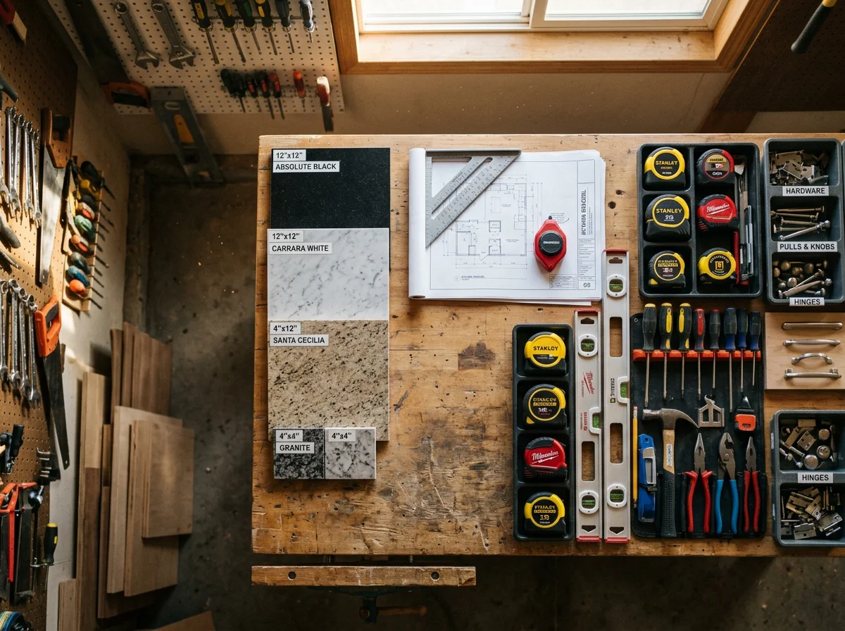 Construction tools and materials organized on a work surface, representing quality craftsmanship and professional home remodeling services.