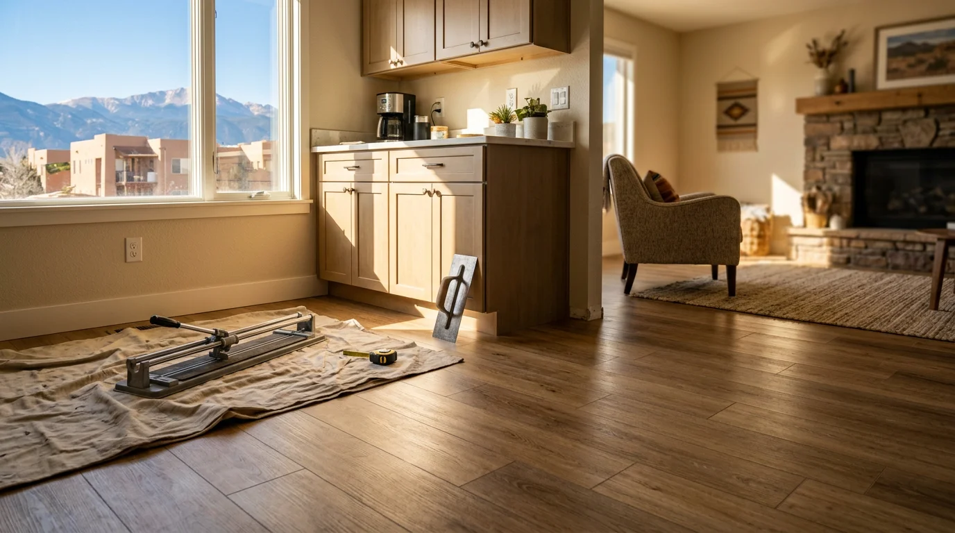 Newly installed flooring in Colorado Springs home kitchen and living area
