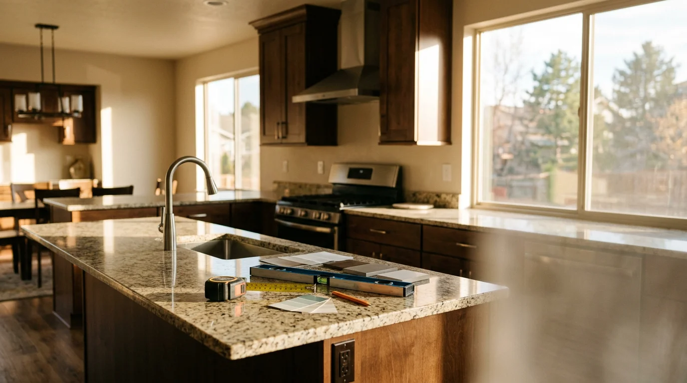 Modern kitchen with new cabinets, countertops, and flooring in Colorado Springs home
