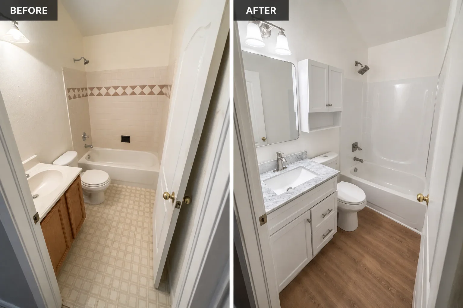 Before and after bathroom remodel with white vanity, marble countertop, and vinyl plank flooring