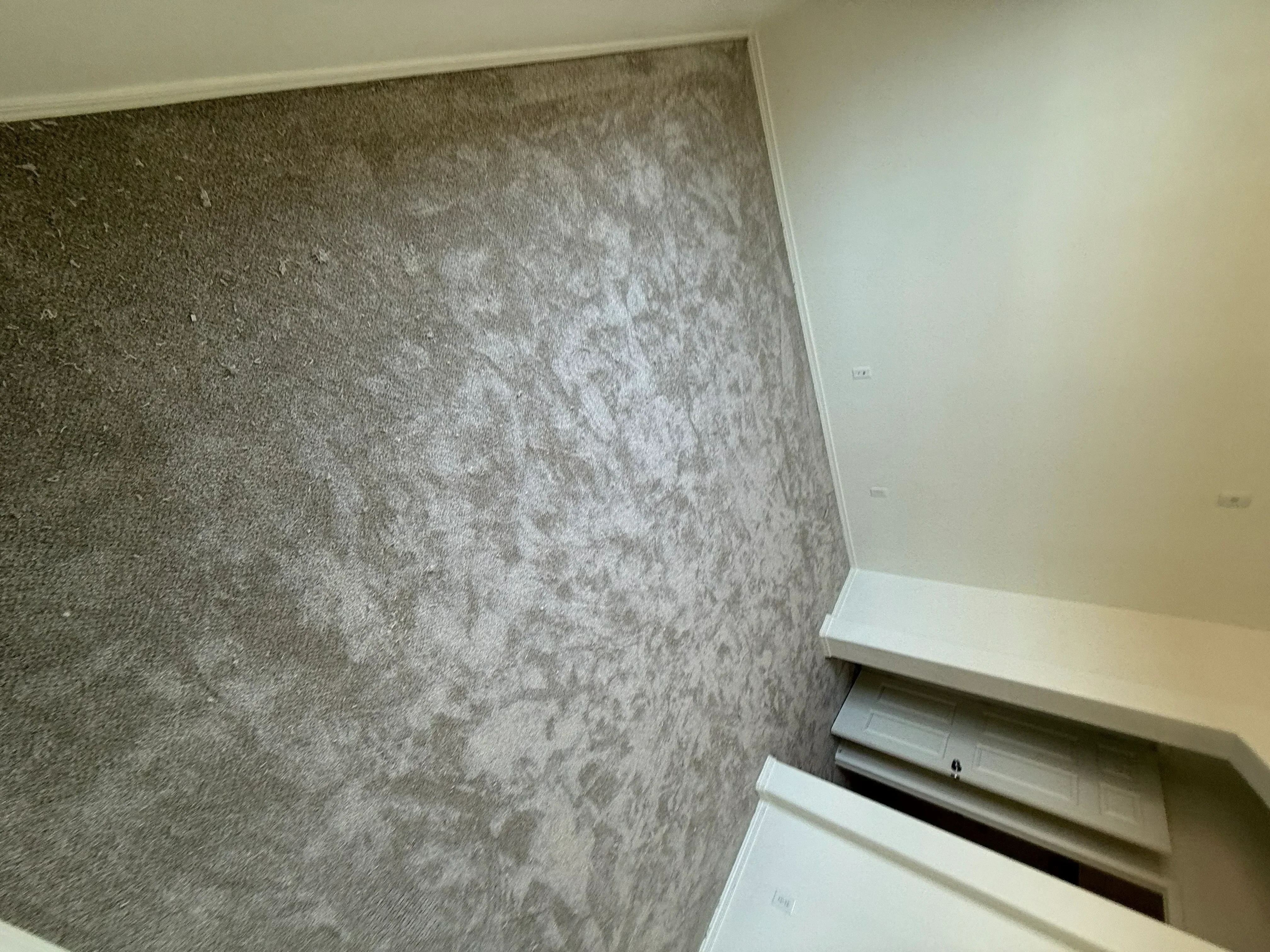 Gray textured carpet installation with white trim and baseboards
