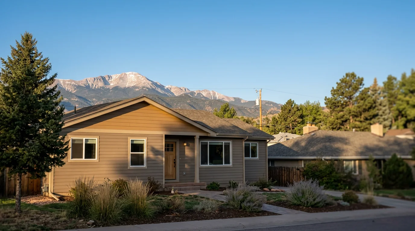 A Colorado Springs residential home exterior showing freshly installed fiber cement siding and new windows, with Pikes Peak visible in the background.