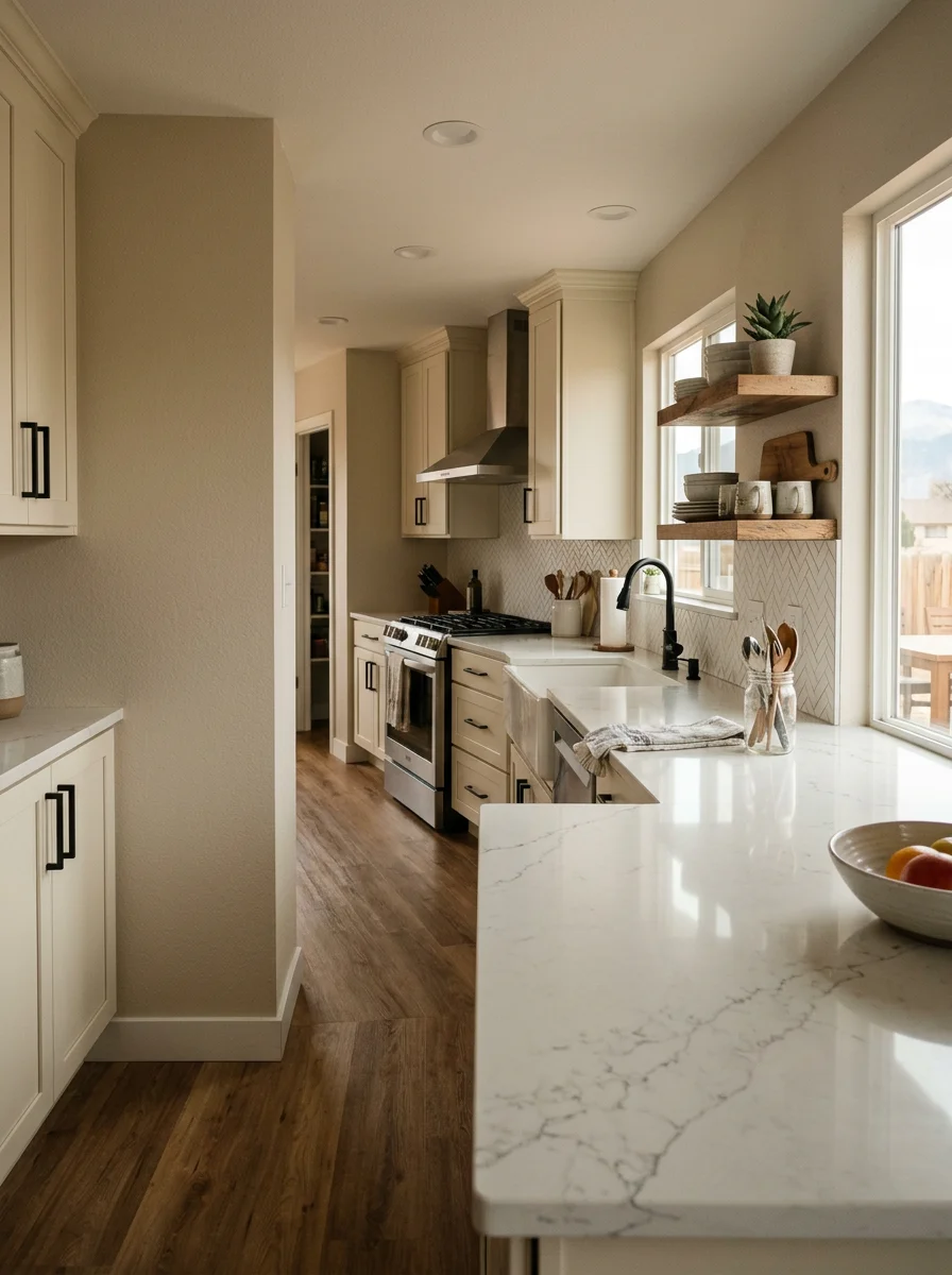 A remodeled kitchen in a Fountain home featuring new cabinetry, updated countertops, and luxury vinyl plank flooring replacing original vinyl tile.