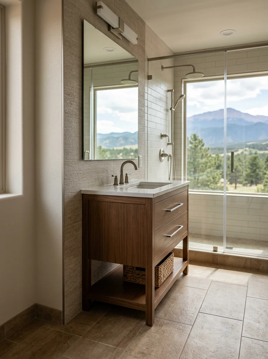 A remodeled bathroom interior in a Monument home featuring new tile flooring, updated vanity, and a walk-in shower with mountain-view window.