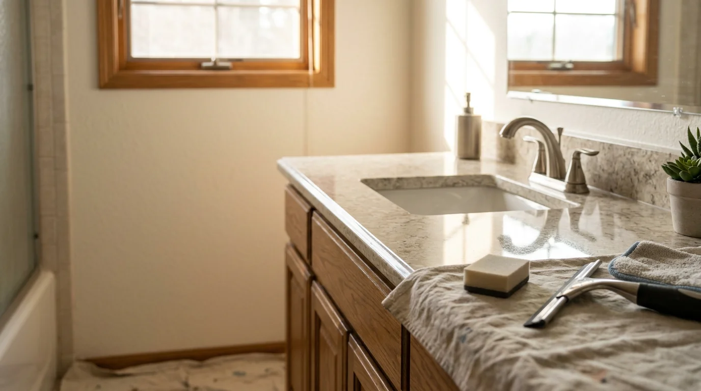 A resurfaced bathroom vanity countertop in a Colorado Springs home showing a smooth, clean finish free of scratches and staining. The updated surface sits above a standard bathroom sink with fresh caulking along the edges.