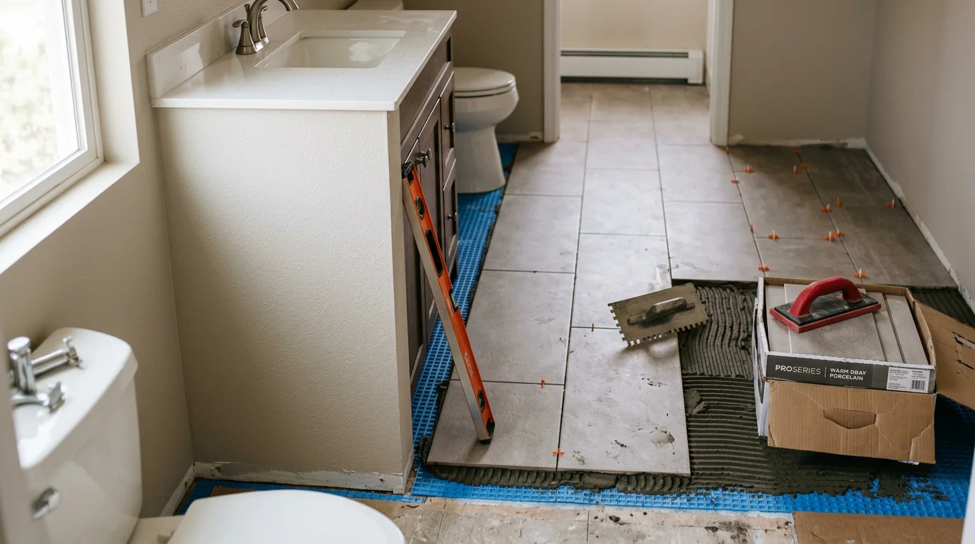 Freshly installed waterproof bathroom floor in a Colorado Springs home, showing clean grout lines and a moisture-resistant surface in a bright, updated bathroom.