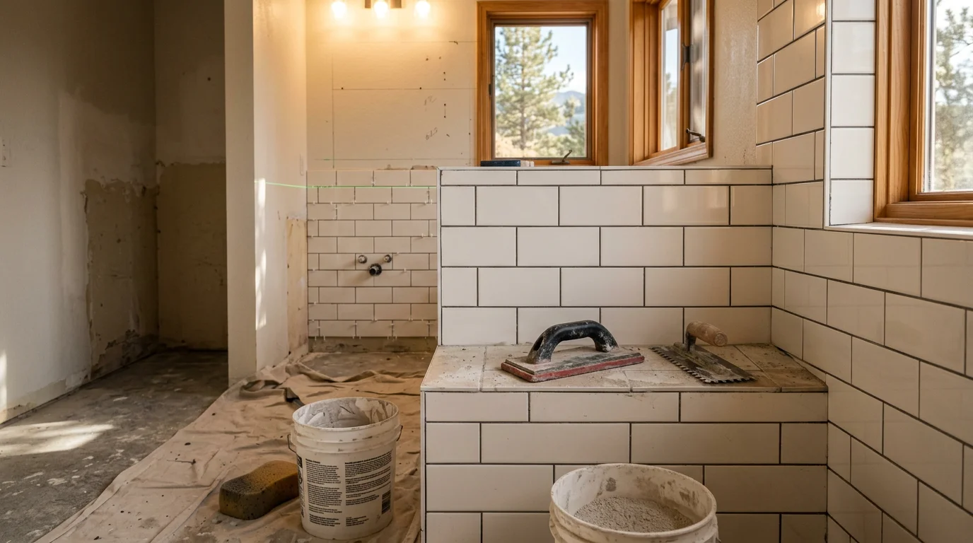 Freshly installed bathroom floor and wall tile in a Colorado Springs home, showing even grout lines and clean cuts around the base of a bathtub surround. The tile work covers the full wet area with consistent spacing and a level surface throughout.