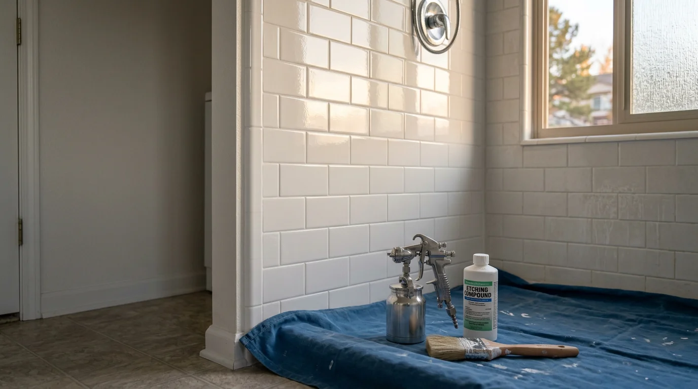Reglazed bathroom tile in a Colorado Springs home showing a smooth, uniform white finish on a shower surround after surface restoration. Close-up view highlights the clean grout lines and glossy coating applied over the existing tile.