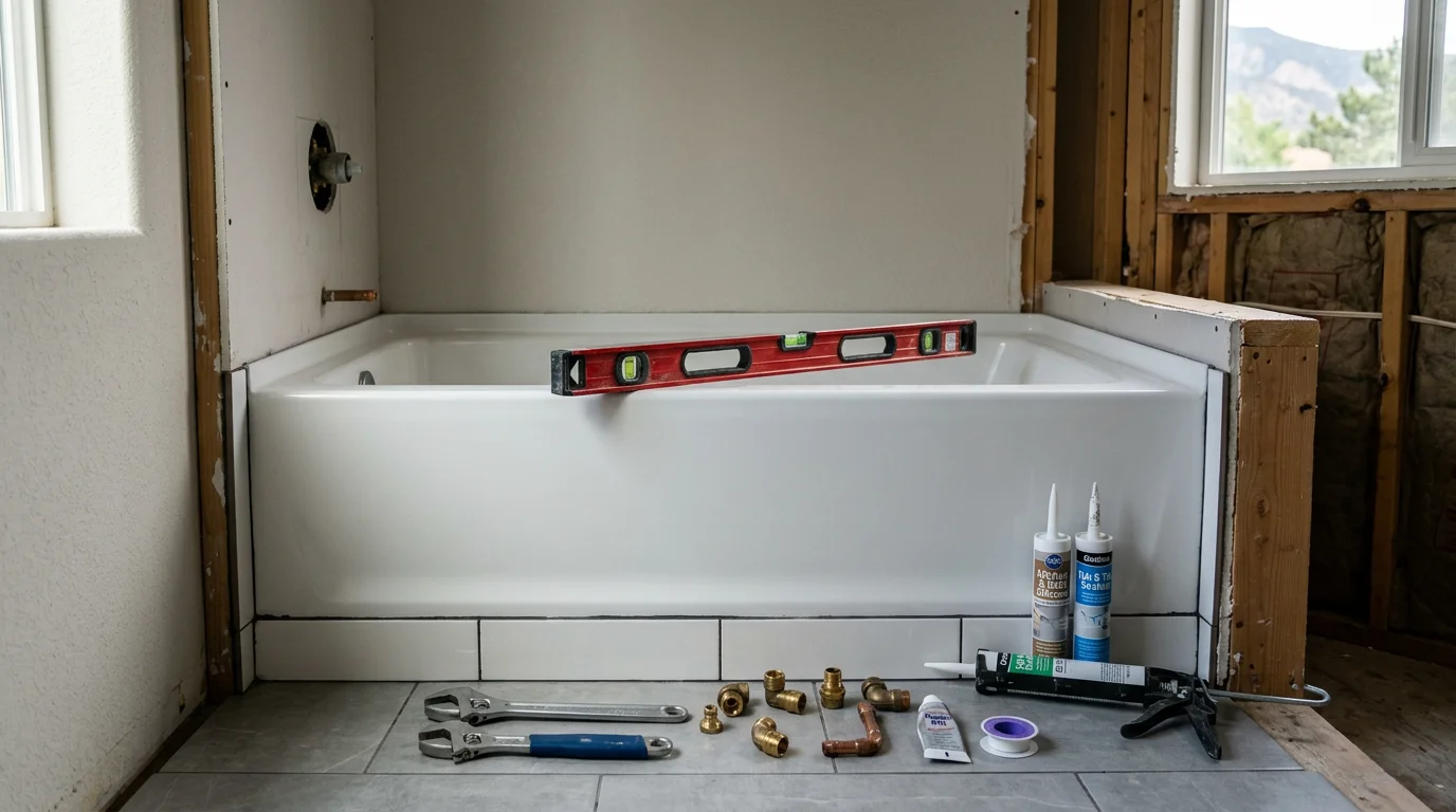 A freshly installed white alcove bathtub in a Colorado Springs home bathroom, with clean tile surround and new plumbing fixtures. The subfloor and walls show a complete, finished installation ready for daily use.