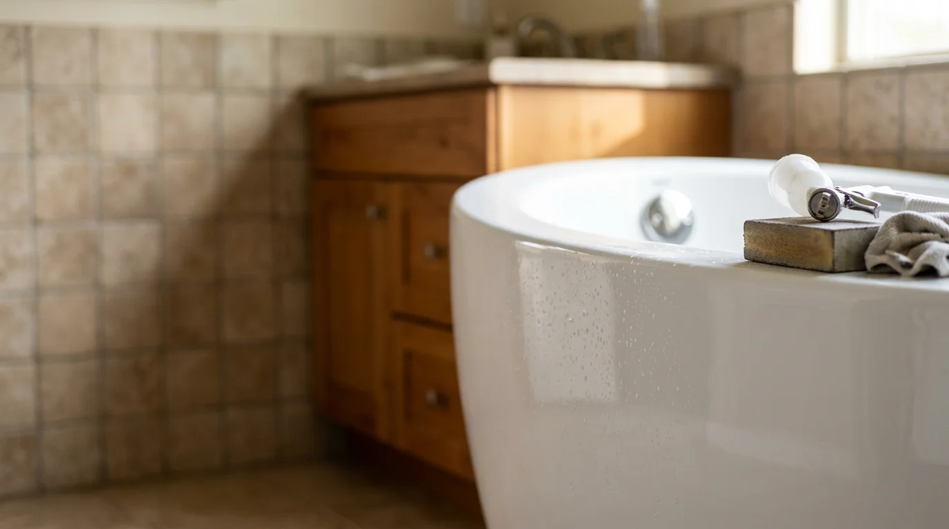 A refinished bathtub in a Colorado Springs home showing a smooth, bright white surface free of chips and staining. The tub sits in place in a residential bathroom with no signs of demolition or tile removal.