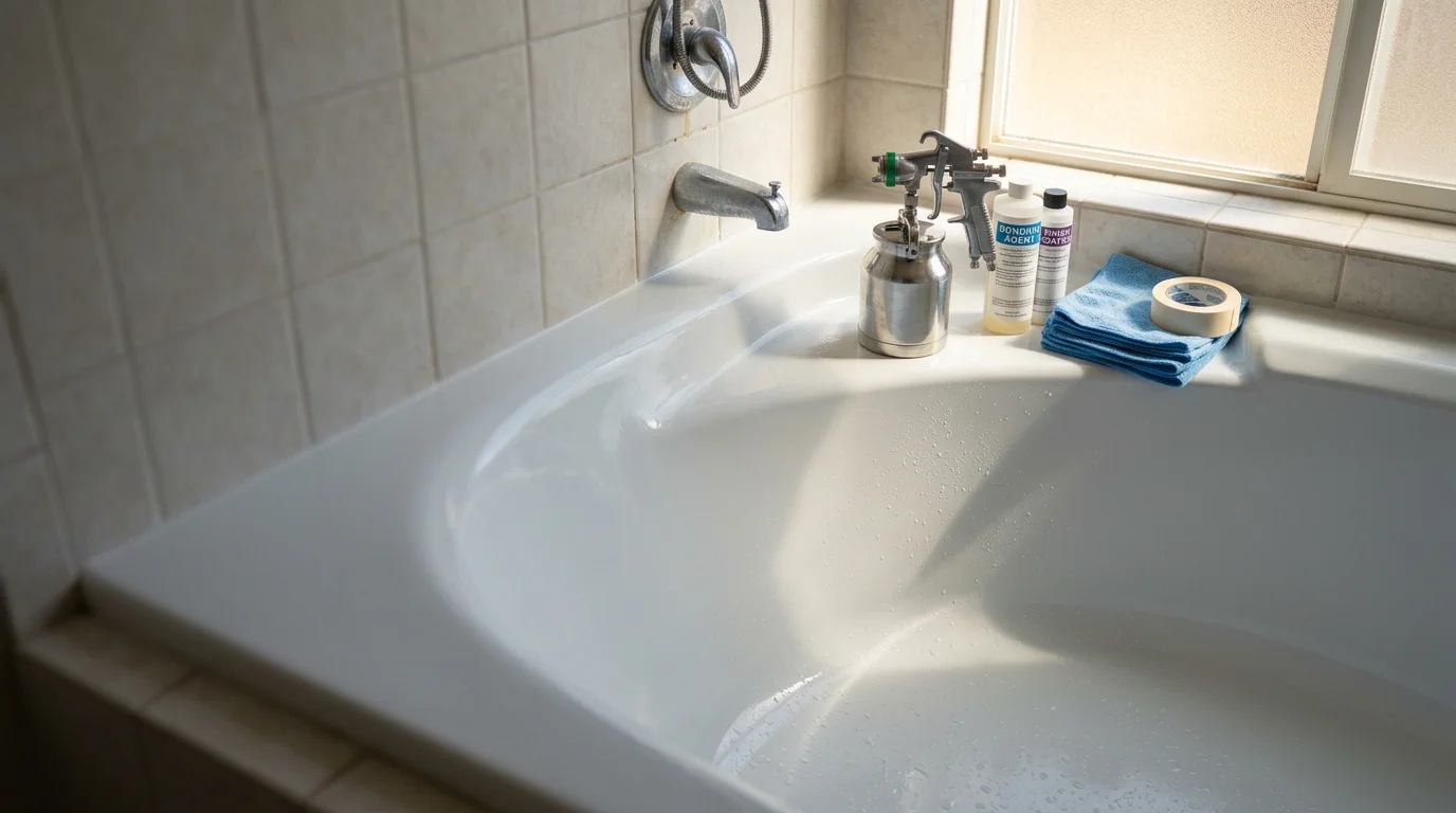 A reglazed bathtub with a smooth, glossy white finish in a Colorado Springs home bathroom. The restored surface shows no chips, stains, or discoloration.