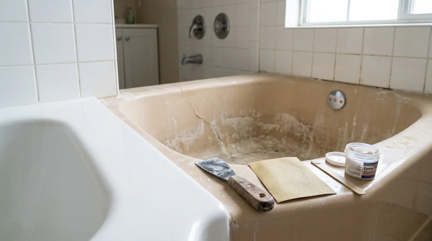 A repaired bathtub in a Colorado Springs home showing a smooth, crack-free surface with clean drain hardware. The surrounding tile and floor area are intact with no visible water damage.