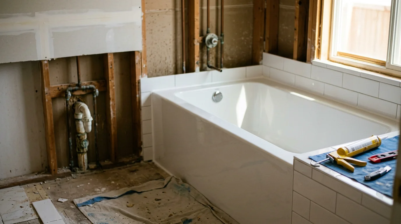 A newly installed white bathtub in a clean Colorado Springs bathroom, with fresh wall surround and updated fixtures. The tub sits flush and level in a residential alcove, showing the finished result of a full bathtub replacement by J&L Construction.