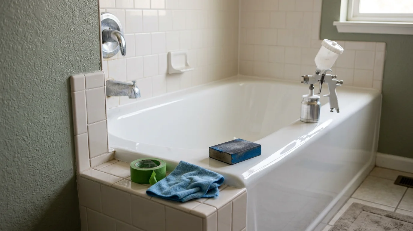 A resurfaced bathtub in a Colorado Springs home showing a smooth, bright white finish free of chips and staining. The tub interior appears clean and renewed against a tiled bathroom surround.