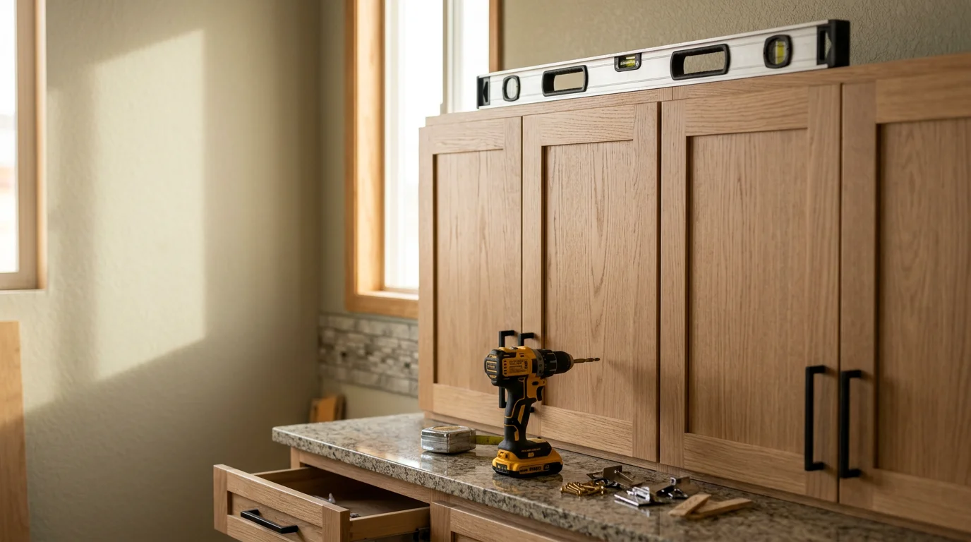 Newly installed wood kitchen cabinets with aligned doors and drawer fronts in a Colorado Springs home. The cabinets run floor to ceiling along a freshly painted kitchen wall with no visible gaps or uneven seams.