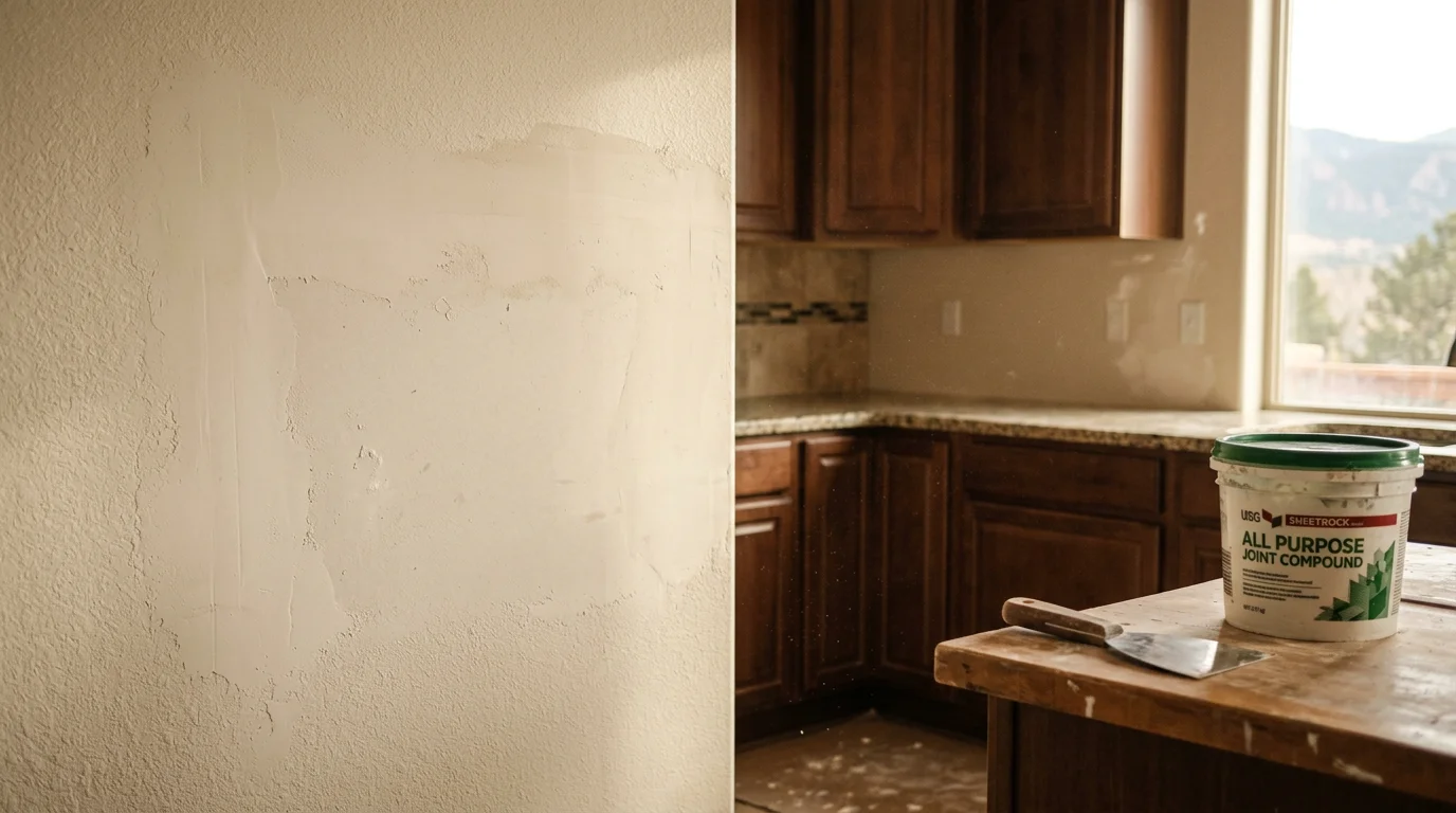 A freshly repaired and textured interior wall in a Colorado Springs home, showing a smooth, paint-ready surface with no visible patch lines. Close-up view of the finished drywall repair blending seamlessly with the surrounding wall texture.