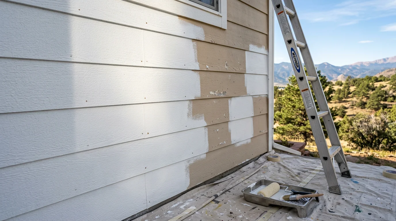 A freshly painted single-family home exterior in Colorado Springs with clean siding and crisp trim work against a backdrop of blue Colorado sky. The finished surface shows even color coverage on wood siding typical of homes in the Pikes Peak region.