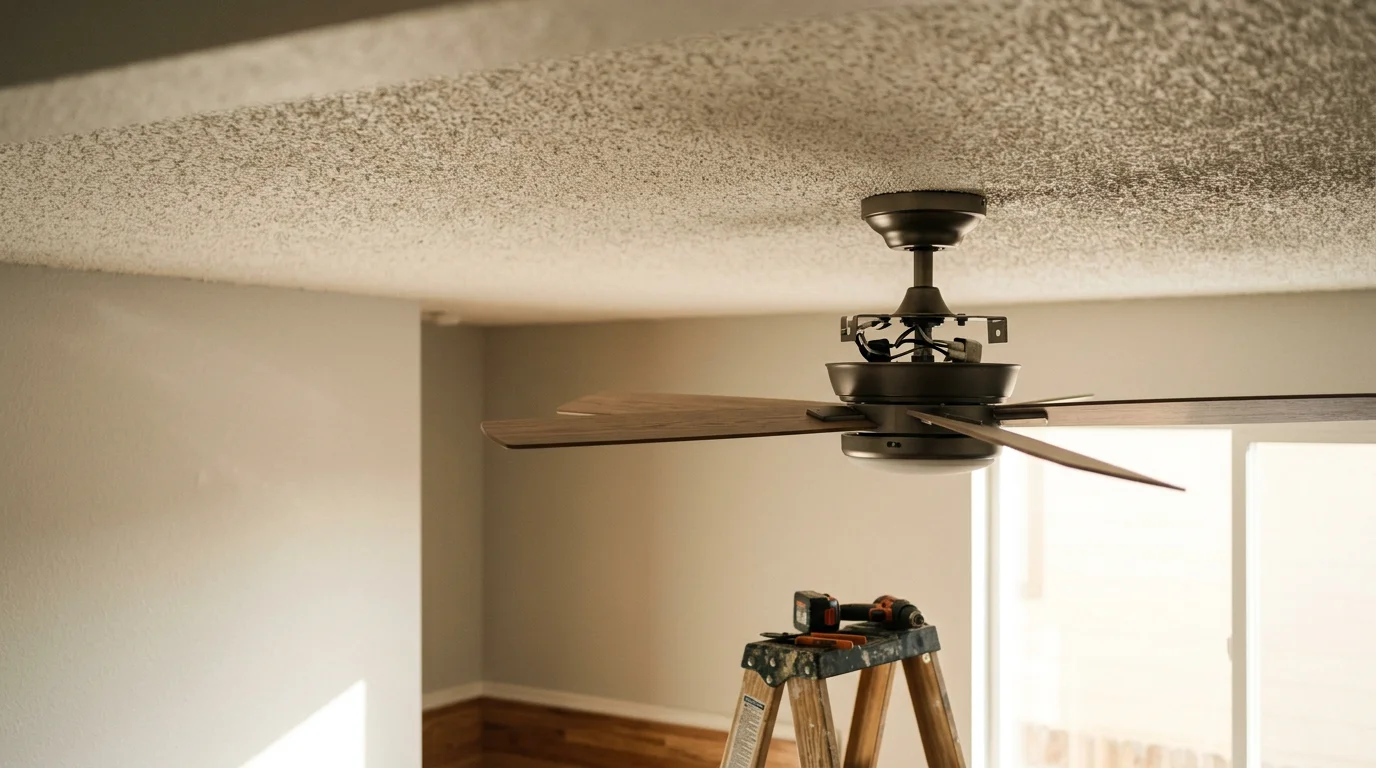 A newly installed ceiling fan mounted on a vaulted ceiling inside a Colorado Springs home, with blades level and light kit connected. The room shows a clean, finished installation typical of residential remodel work in the Pikes Peak region.