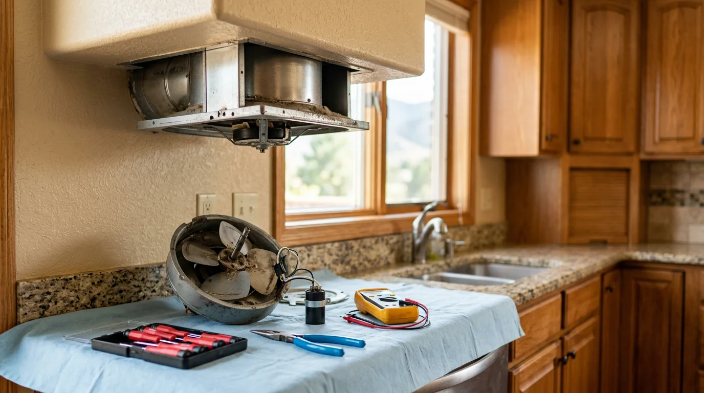 A kitchen exhaust fan mounted above a range in a Colorado Springs home, with clean blades and a properly secured housing after professional repair. The surrounding cabinetry and walls show no signs of grease buildup or moisture damage.