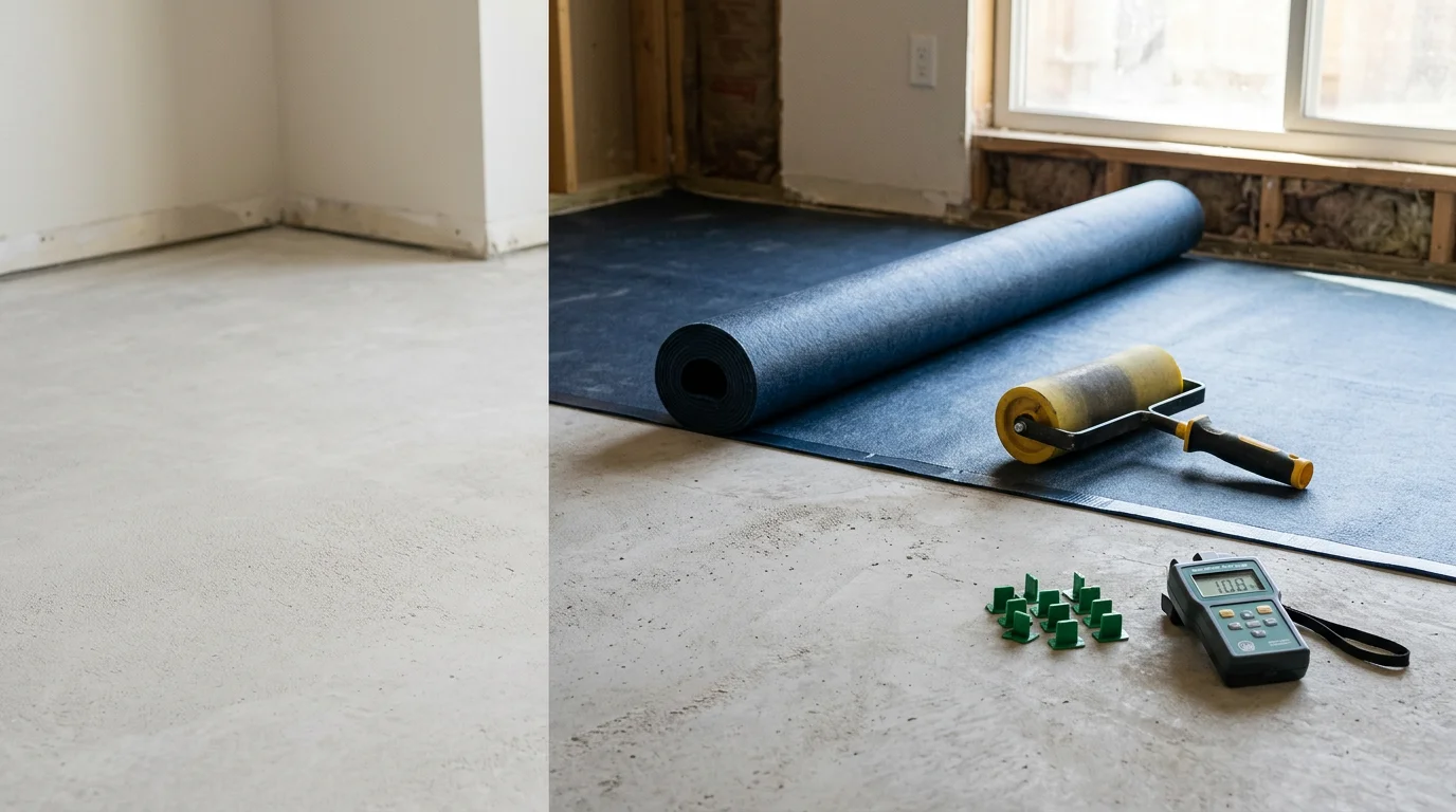 Freshly installed flooring in a Colorado Springs home interior, showing a clean, even surface extending across a residential living area. A sole proprietor contractor from J&L Construction works carefully along the floor edge during the installation process.