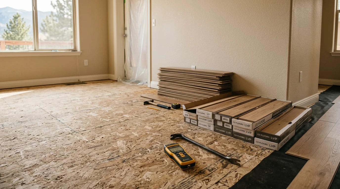 Freshly replaced flooring in a Colorado Springs home, showing clean new material laid across a bright living room with natural light. The old flooring has been fully removed and the new surface runs edge to edge with no gaps or seams.