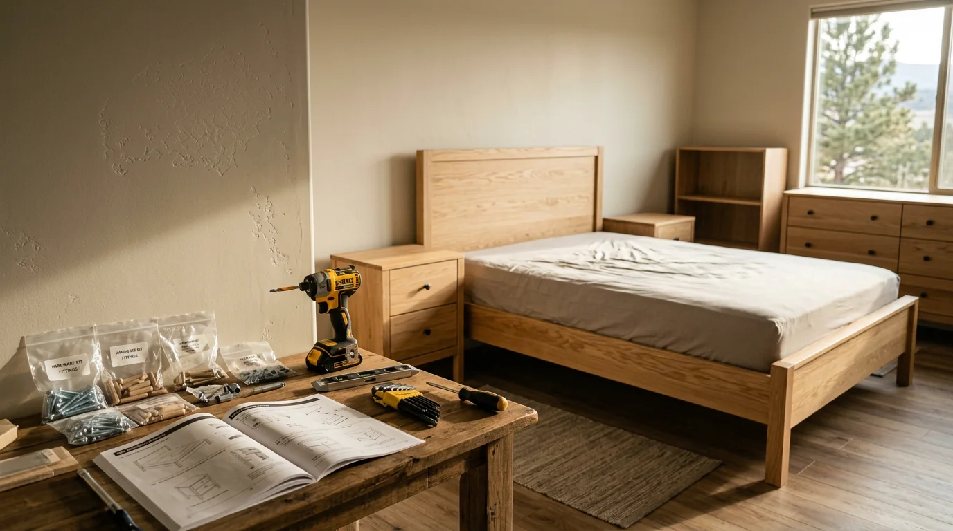 A fully assembled wooden bed frame and matching dresser in a furnished bedroom inside a Colorado Springs home. Tools and empty flat-pack boxes are cleared away, showing the finished result of professional furniture assembly.