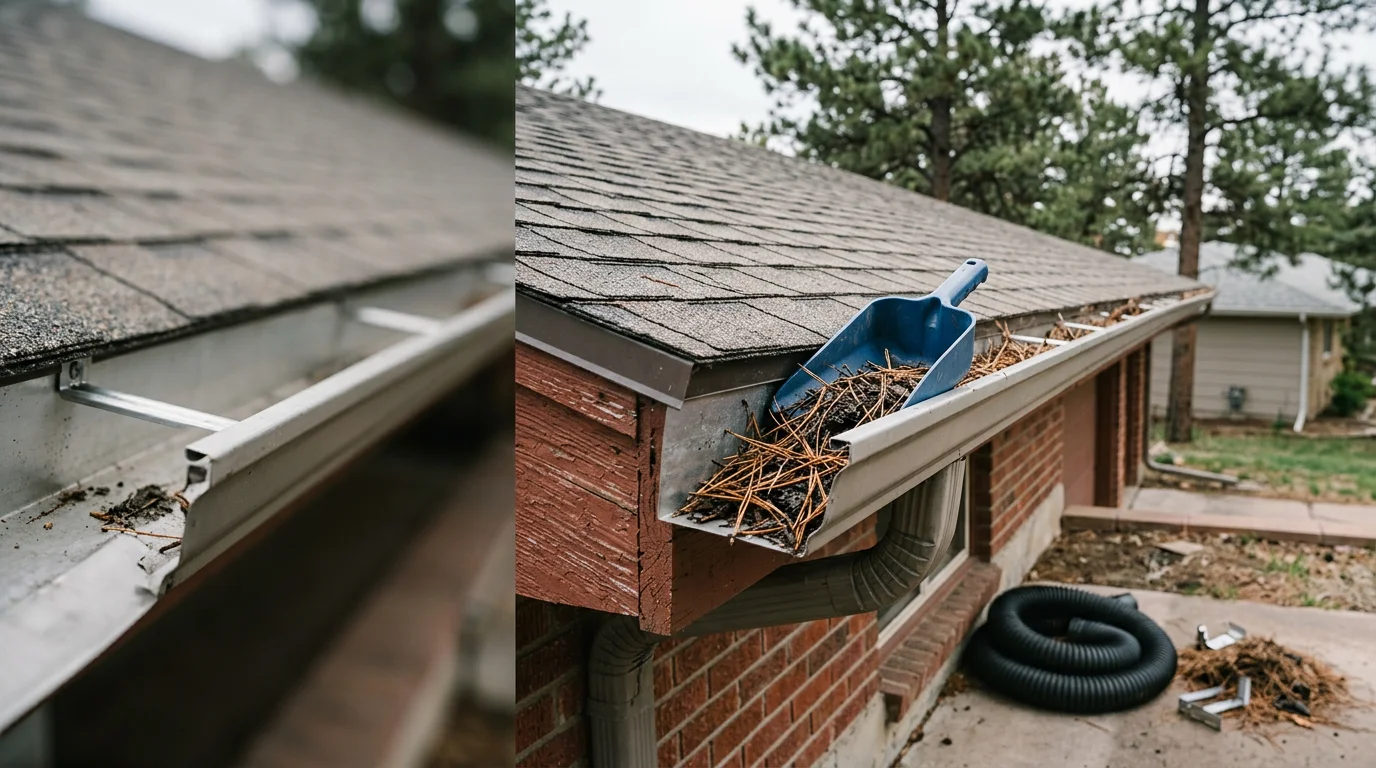 A residential gutter along a Colorado Springs home being cleared of compacted pine needles and debris, with a downspout flushed and draining cleanly to the ground below.