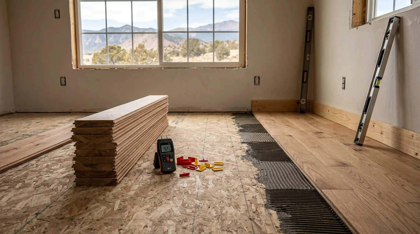 Freshly installed flooring in a Colorado Springs home, showing clean, even planks running across a bright living room floor. A sole proprietor contractor kneels near the wall, checking the edge detail along the baseboard.