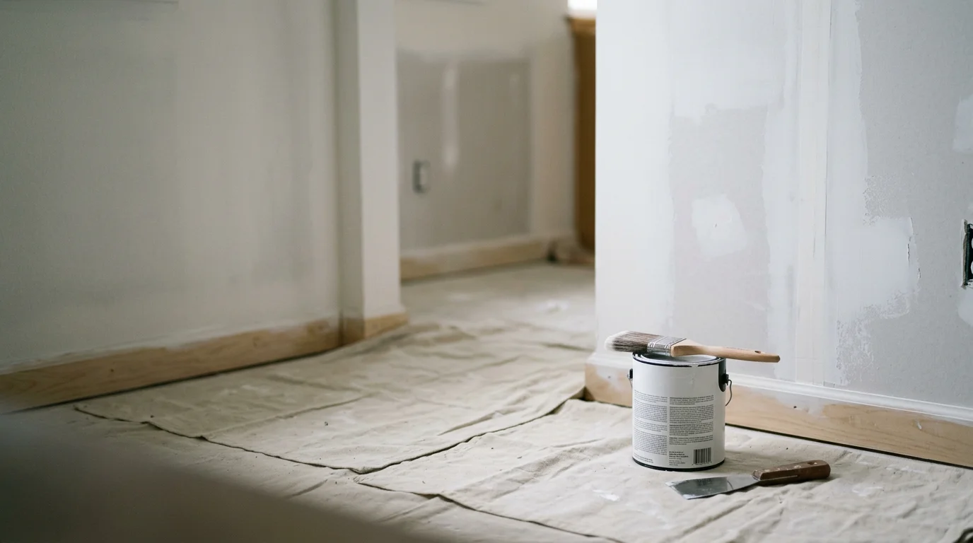 A freshly painted living room interior in a Colorado Springs home, showing smooth walls in a warm neutral tone with clean edges along the trim and ceiling. Natural mountain light from the windows highlights the even finish across the walls.