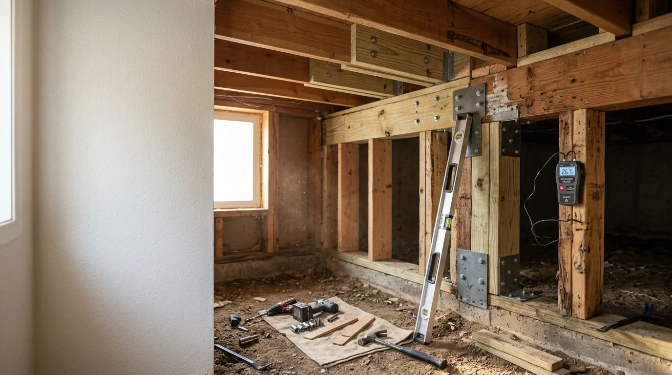 Interior view of a Colorado Springs home showing repaired load-bearing wall framing with clean structural lumber and finished drywall ready for paint. The room reflects a residential remodel in progress with visible care taken to the surrounding walls and floor.