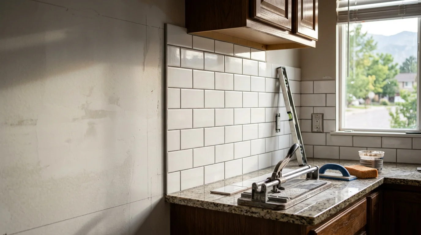 Freshly installed kitchen tile backsplash with clean grout lines behind a stove in a Colorado Springs home. The tile runs from the countertop to the upper cabinets with even spacing and finished edges.