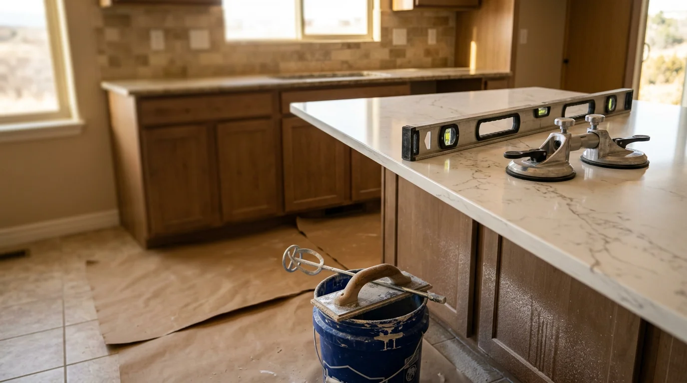 Freshly installed kitchen countertop in a Colorado Springs home, showing clean edge profiles and a fitted sink cutout. The surface runs the full length of the kitchen with tight seams and level placement throughout.