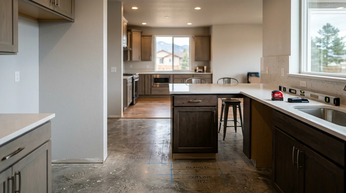 A newly installed kitchen island with cabinet storage and a seating overhang in a Colorado Springs home. The island sits centered in an open-concept kitchen with clear walkway space on all sides.