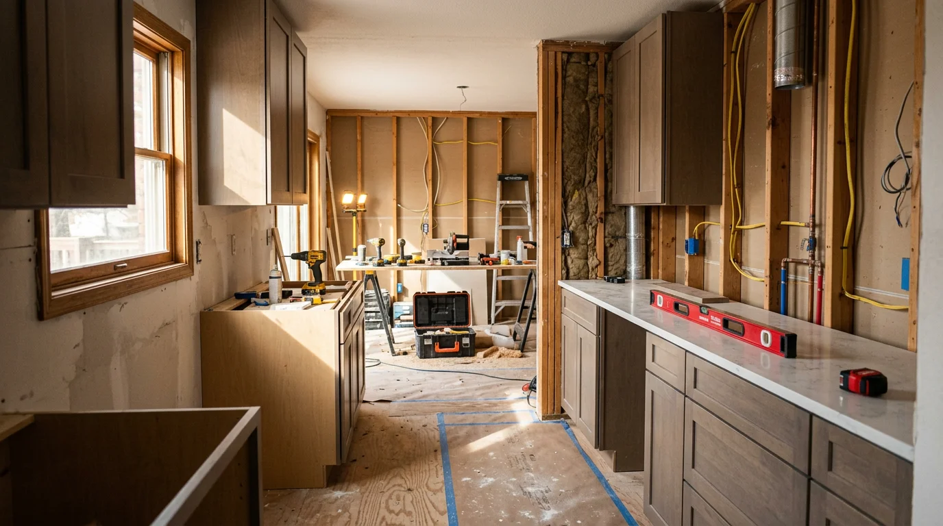 A remodeled kitchen in a Colorado Springs home showing updated cabinetry, new flooring, and reconfigured layout. The finished space reflects quality craftsmanship and a clean, functional design.
