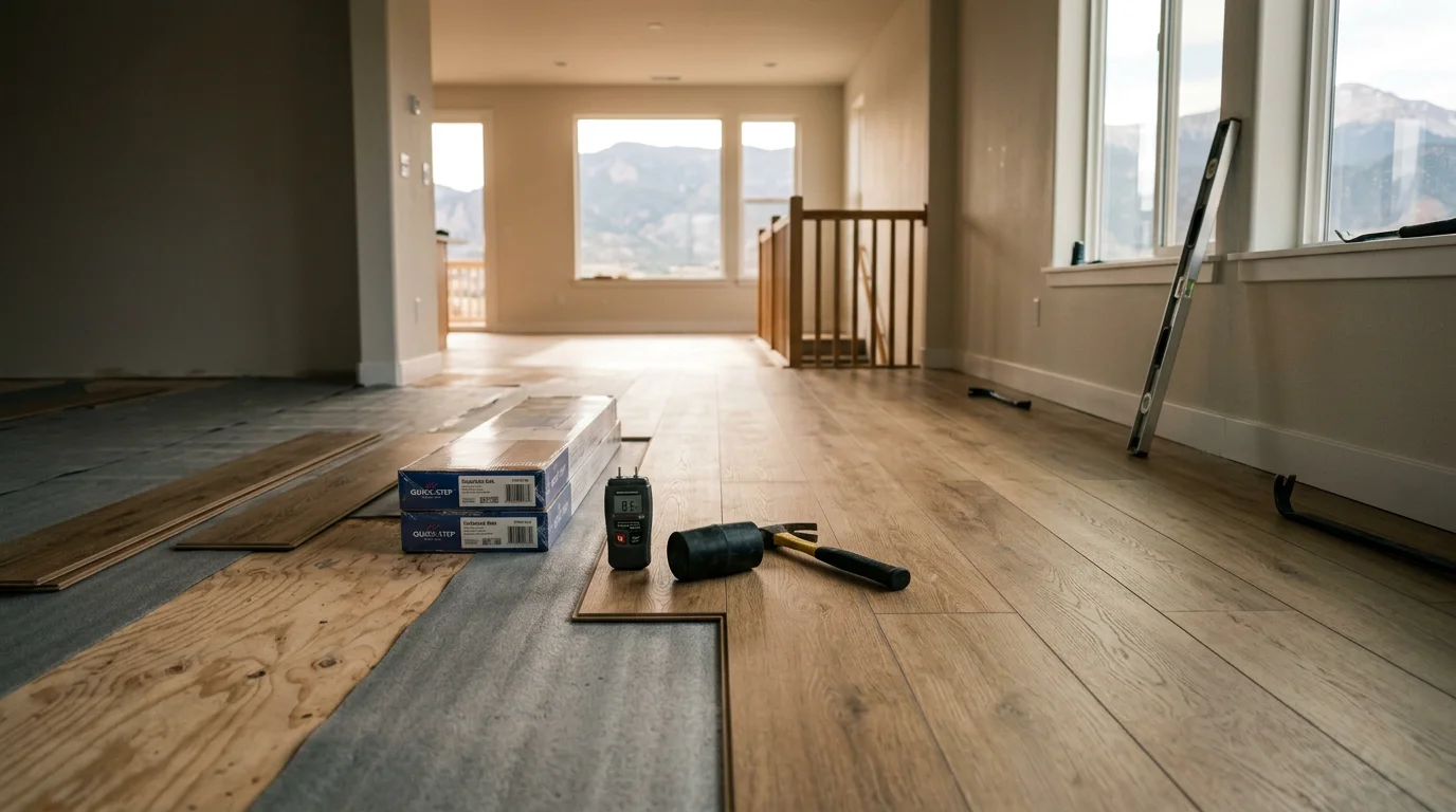Freshly installed laminate flooring with a wood-grain finish in a Colorado Springs home living room. Clean plank rows run toward a bright window with baseboards neatly reinstalled along the walls.