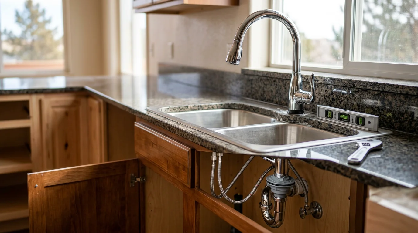 A newly installed kitchen sink and faucet set into a freshly remodeled kitchen counter in a Colorado Springs home. The drain connections and supply lines are visible beneath the sink in an open cabinet, showing clean, finished plumbing work.