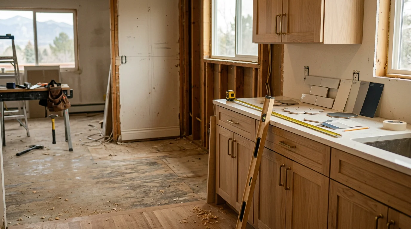 A remodeled kitchen interior in a Colorado Springs home showing updated cabinetry, countertops, and an open layout. The finished space reflects quality craftsmanship suited to residential homes across the Colorado Springs area.
