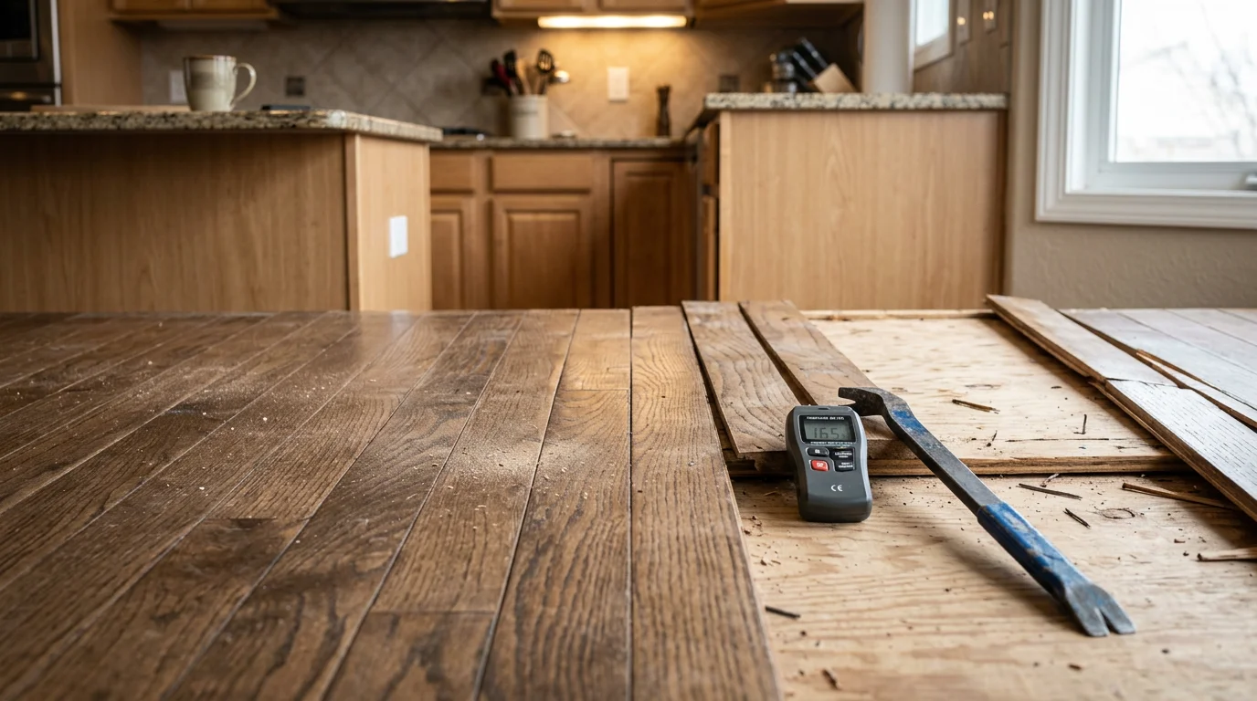 Repaired hardwood floor section in a Colorado Springs home kitchen, showing restored planks blended with the surrounding floor. Close-up view highlights smooth, even boards with no visible gaps, warping, or water staining.