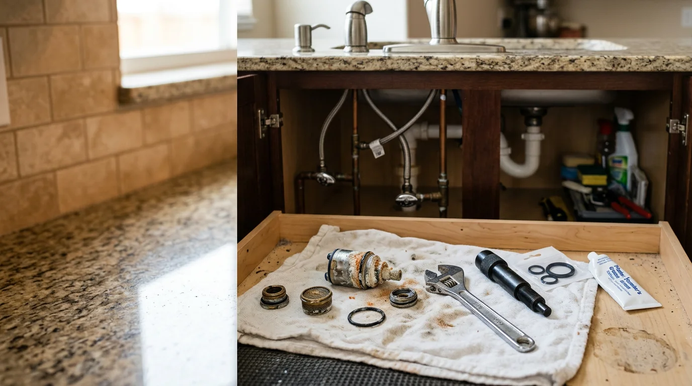 A repaired kitchen faucet with clean, steady water flow in a Colorado Springs home. The fixture shows no visible drips or mineral buildup around the base or aerator.