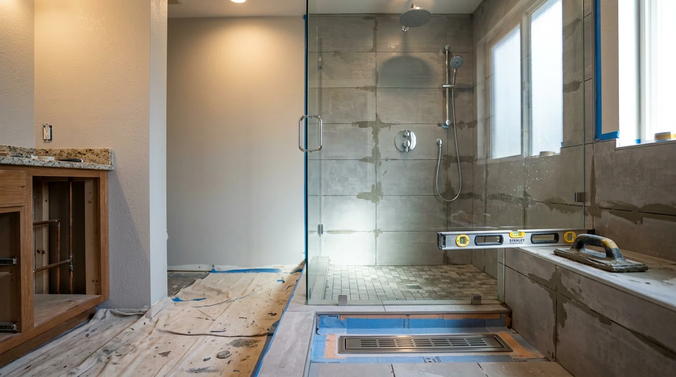A newly installed walk-in shower with tiled walls and a glass enclosure inside a Colorado Springs home bathroom. The finished space shows clean grout lines, a recessed niche, and a low-threshold entry.