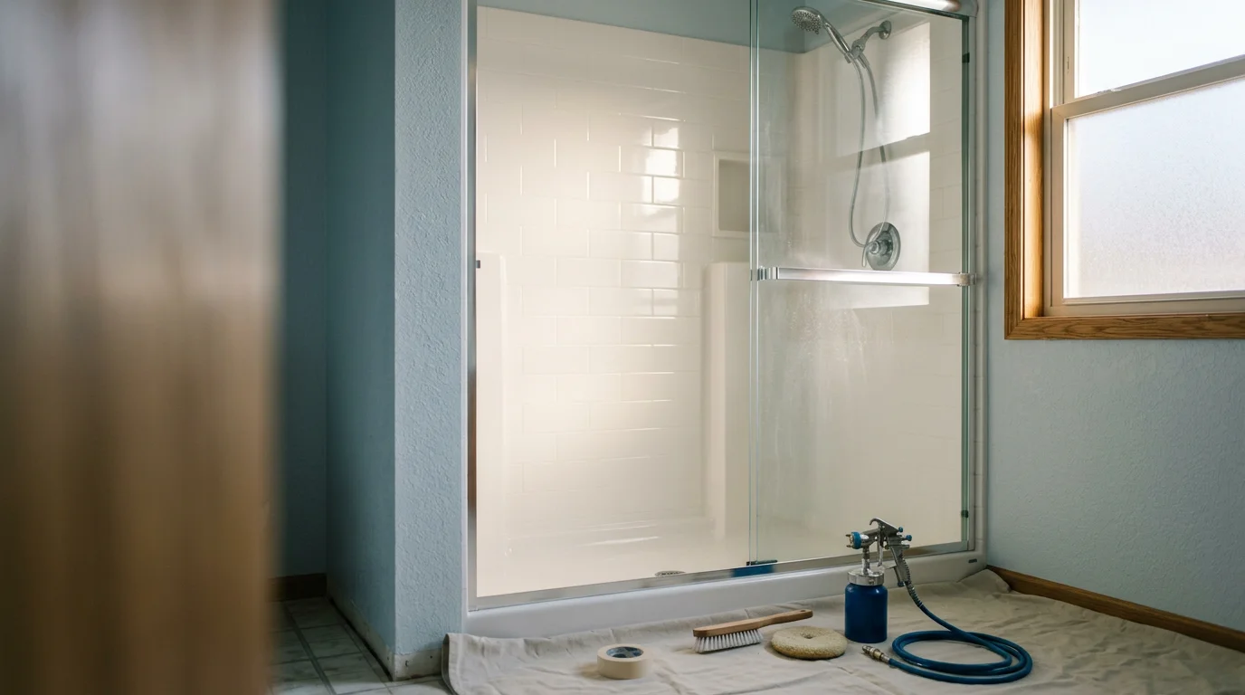 A refinished shower interior in a Colorado Springs home showing a smooth, clean surface with restored tile and fresh caulk lines. The shower pan and walls show no staining, chips, or discoloration after professional refinishing by J&L Construction.