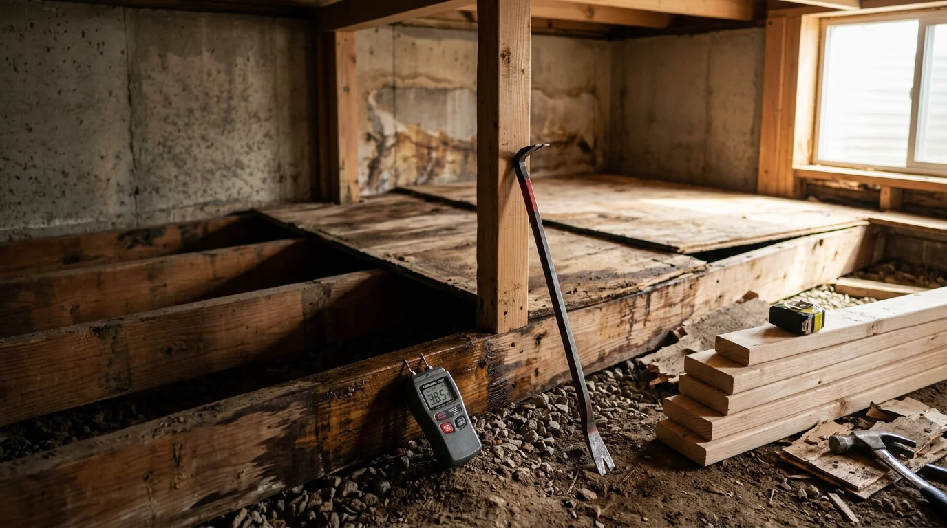 A Colorado Springs home's subfloor with damaged and partially replaced wood panels visible in a crawl space access area. A flooring contractor inspects the repaired subfloor structure before new flooring installation.