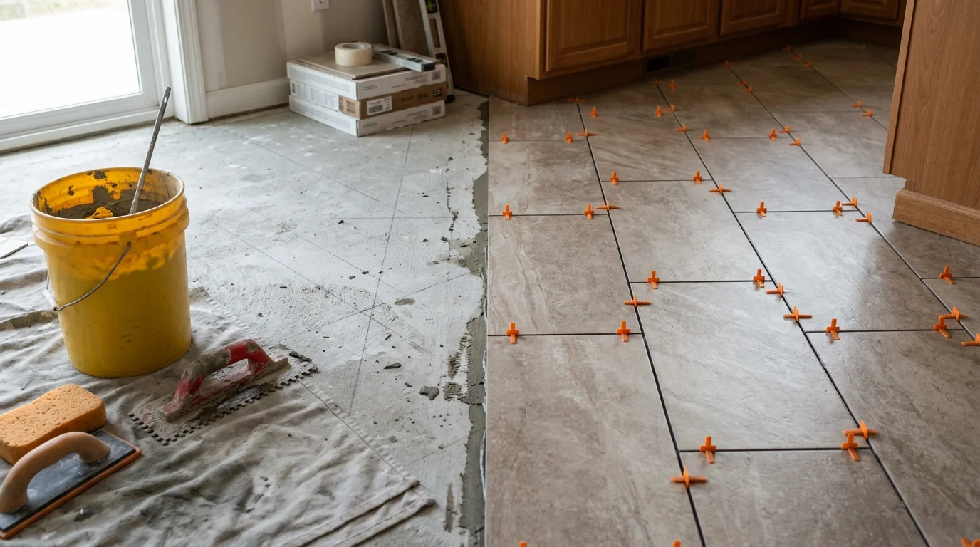 Freshly installed tile flooring in a Colorado Springs home kitchen, showing clean grout lines and a smooth, even surface. The room features natural light and a neutral tile pattern suited to the home's interior.