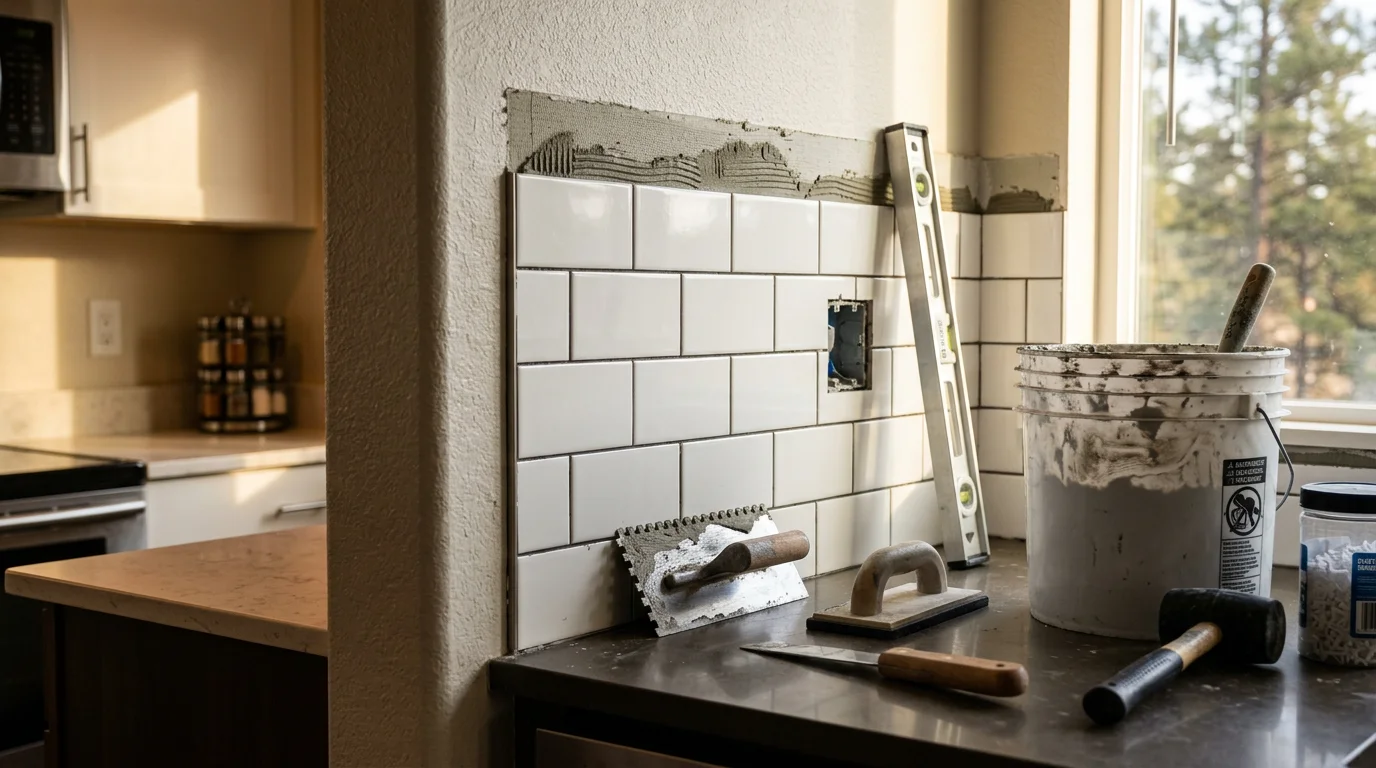 Freshly installed tile backsplash in a Colorado Springs kitchen, showing clean grout lines and a level surface behind the countertop. The work reflects careful layout and precise cuts around cabinet edges and corners.