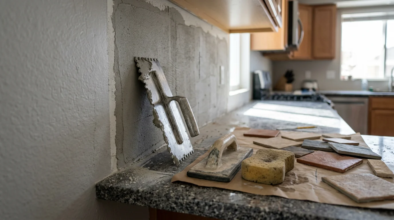 Freshly replaced kitchen floor tile in a Colorado Springs home, showing clean grout lines and level tile set against wood cabinetry. Close-up view highlights the finished edge where the tile meets the base of the kitchen cabinets.