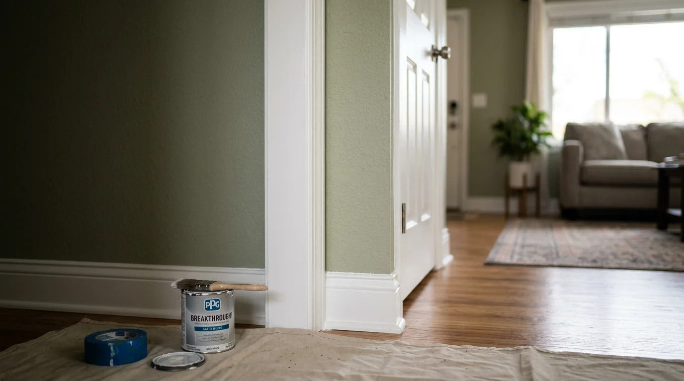 Freshly painted white exterior window trim on a Colorado Springs home, with clean edges where trim meets siding. Close-up view showing sharp caulk lines and smooth finish on wood trim after professional painting.
