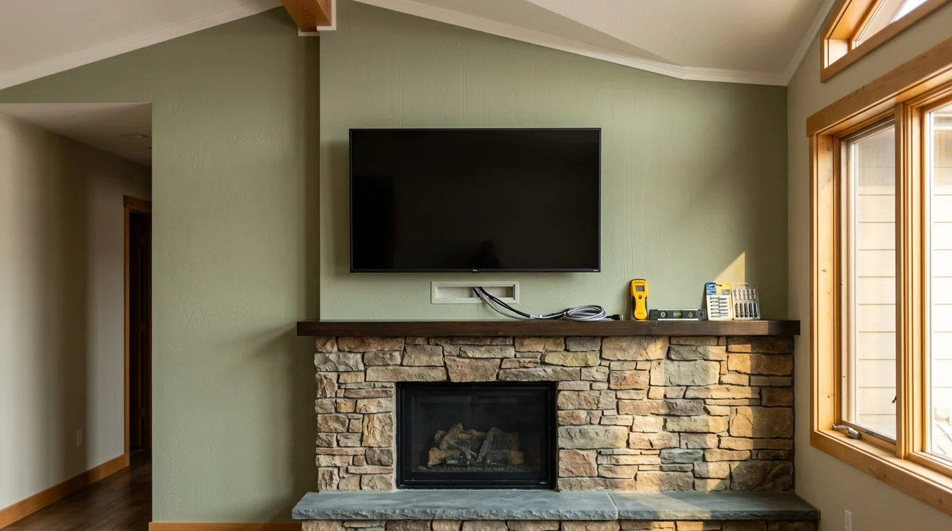 A flat-screen TV mounted flush on a drywall surface in a Colorado Springs living room, with cables neatly concealed and no visible wires below the screen.