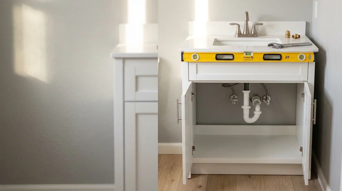 A newly installed bathroom vanity with a clean cabinet, integrated sink, and fresh plumbing connections in a Colorado Springs home. The vanity sits flush against a prepared wall with no gaps, showing a finished and level installation.