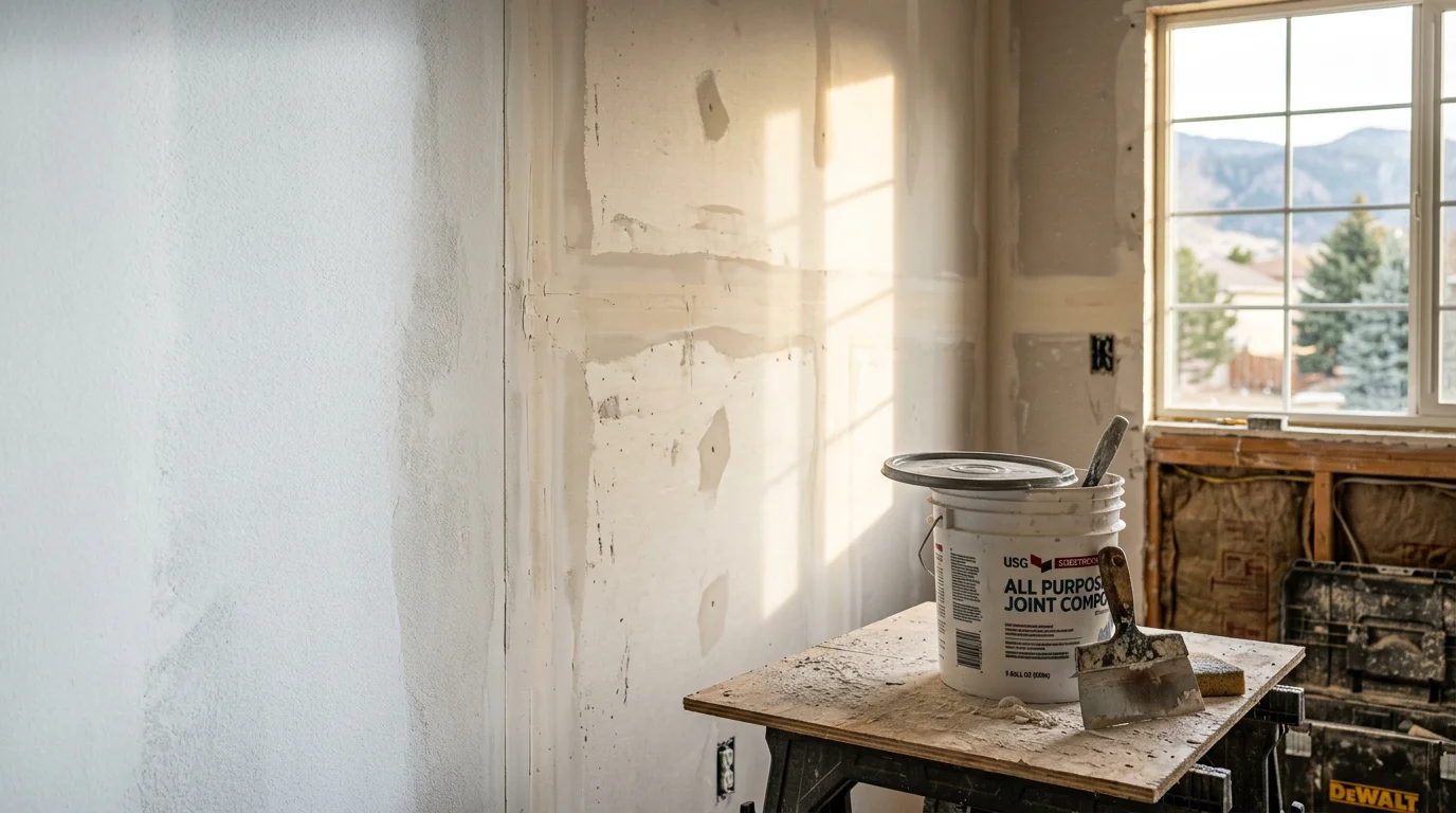 A freshly prepped interior wall in a Colorado Springs home showing smooth, patched drywall ready for paint. Close-up view of a repaired nail pop and sanded surface before primer is applied.